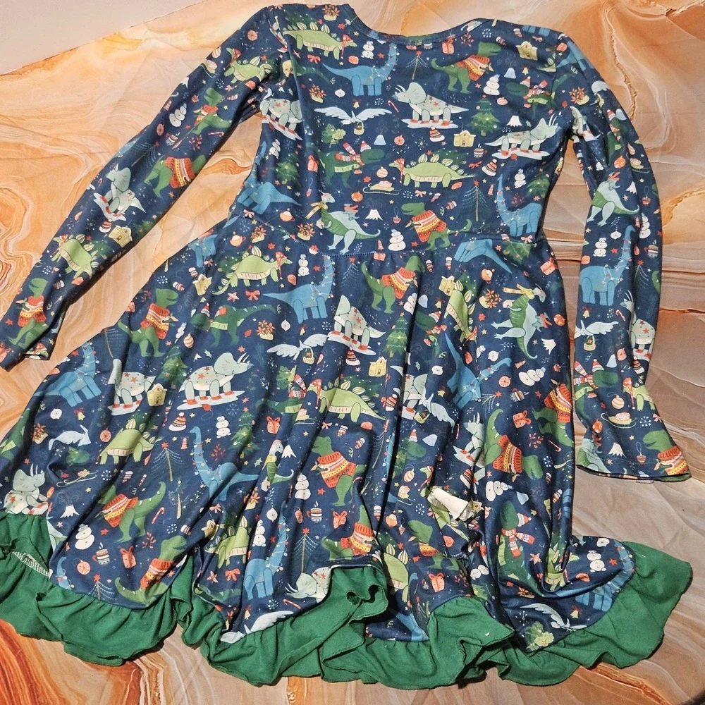 Girls 8/9 Christmas Dinosaur T-Rex Milksilk Twirl Dress Long Sleeve Pockets